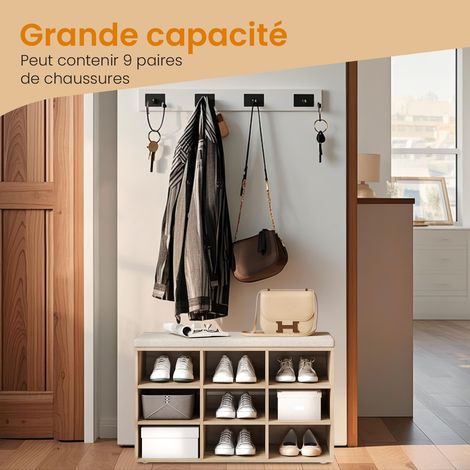 Banc à Chaussures, Rangement avec Siège Rembourré, 9 Compartiments, Étagères Ajustables, pour Salon, Couloir, Marron (1/5)