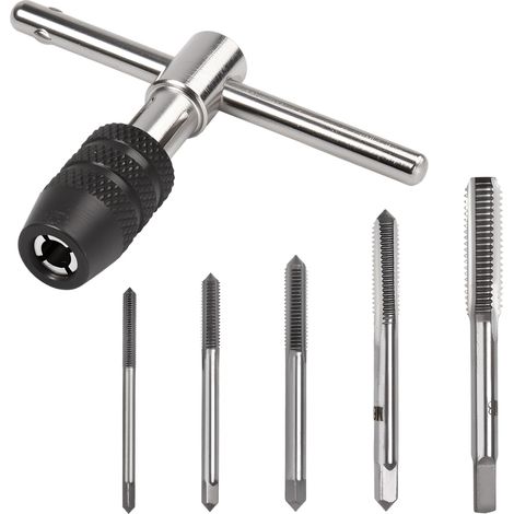 Jeu de tarauds et filières métriques 5 pièces, petits outils à visser métriques, tarauds m3 m4 m5 m6 m8 hss, avec clé à tarauder réglable et boîte de rangement (1/4)