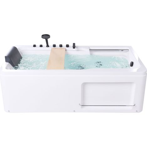 Hot Tub Bath White Acrylic Oak Wood 1800 x 860 mm with Massage Headrest Bathroom Tray Included CAMALU (1/5)