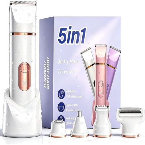 5 en 1 Rasoir Electrique Femme, Tondeuse Maillot humide/sèche, étanche IPX7, Tondeuse Femme Intime pour le visage, les aisselles, les jambes, les bras et le maillot (Blanc) (1/5)