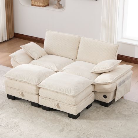 FloraGrace canape modulable 2 places - 190 x 132 x 84 cm - cord beige, USB C, poches laterales, pouf de rangement (1/5)