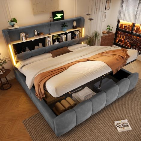 Letto imbottito, 180 x 200 cm, illuminazione a LED, testiera con vano contenitore, senza materasso, letto contenitore idraulico, con porte USB e Type-C, velluto (1/5)