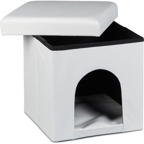Dog House Ottoman, 38 x 38 x 38 cm, Seat Box with Practical Hole for Pets, Faux Leather, Removable Lid, White