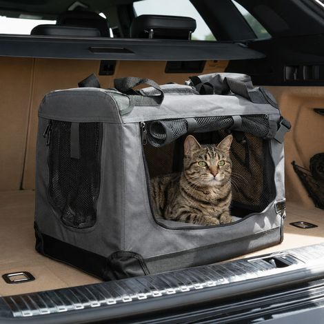 belviona Katzentransportbox, leichte & stabile Transporttasche Katzen, faltbar mit Mesh-Fenstern, Innenkissen & Taschen, 50x34x36 cm, dunkelgrau (1/5)
