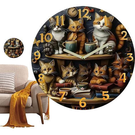 Pendule Murale Chats Réveil En Bois Trente Centimètres Pour L'Étagère Horloge amusante et décorative Pour Salon Cuisine Bureau Salle de Bain Table de chevet Étagère Maison et (1/5)