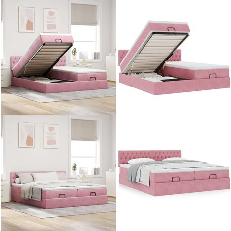 Cadre de lit ottoman avec matelas rose 160x200 cm velours - Matelas à ressorts ensachés - Rangement sous le lit (1/5)