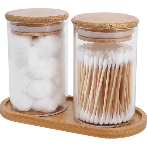 Cotton Swab Holder - Clear Glass Jar With Bamboo Lid And Tray - 10 Oz - Bathroom Storage Organizer - 2 Pieces (1/5)