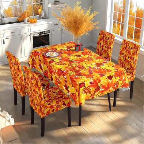 Nappe et housse de chaise assorties pour restaurant, motif feuilles d'automne et citrouilles, style Thanksgiving, réf. TC-315 (140 x 210 cm, imperméable).