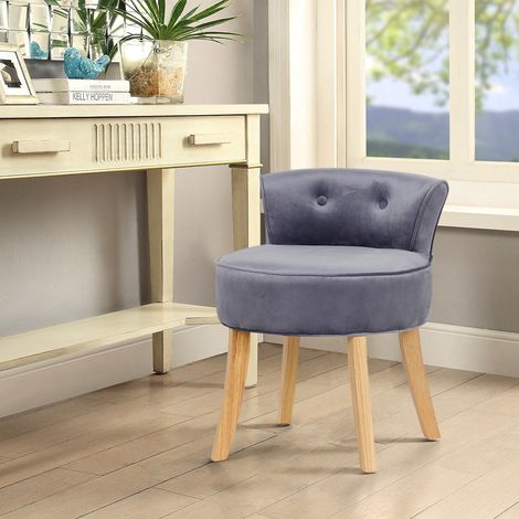 Vintage Velvet Buttoned Vanity Stool with Wooden Legs (1/5)