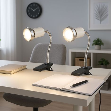 Lampada a morsetto bianca Lampada a morsetto LED con spina Lampada da tavolo Lampada da lettura, mobile, metallo bianco, 1x LED 3W 250Lm 3000K, HxWxA 14x3,5x14 cm, set di 2
