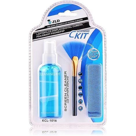 Nettoyant pour écrans, ordinateurs portables, téléphones et lunettes. Comprend un vaporisateur, une brosse et un chiffon de nettoyage. (1/4)