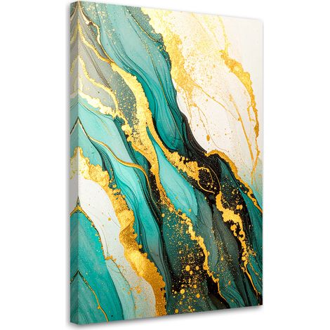 Quadro su tela, Opera astratta realizzata in marmo turchese e oro. - 40x60 (1/2)