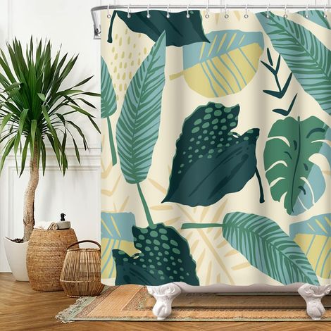 183x188cm Aquarelle Feuille Rideau de Douche Abstrait Plante Tropicale Feuilles de bananier Monstera Rideau de Salle de Bain Boho Jungle Plante Rideaux de Douche Lavable Rideau de Baignoire (1/4)