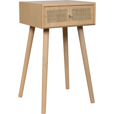 Mesita de madera y rejilla de rattan de 1 cajon marrón 40x36x70h cm (1/5)