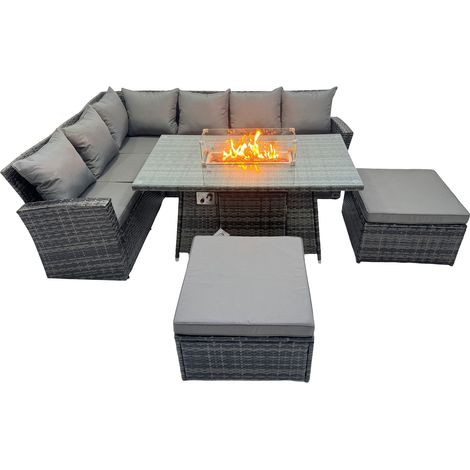 Fimous Poly Rattan Outdoor Patio Gas Firpit Dining Table Corner Sofa Set with 2 Big Stools for Garden Backyard Dark Grey Mixed (1/5)