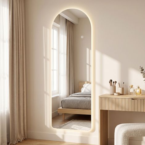 Grand miroir mural 120 x 40 cm avec éclairage LED, miroir incurvé, intensité réglable et 3 couleurs de lumière transparentes (1/5)