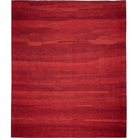 Tapis kilim 389 x 448 cm, motif abstrait, rouge et bordeaux, en laine naturelle, tissé plat artisanal (1/5)