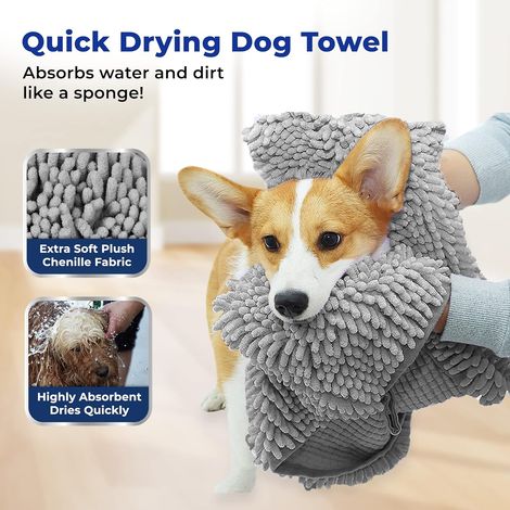 Lot de 2 serviettes absorbantes pour chiens, grande taille (35 x 80 cm), en microfibre extra large à séchage rapide, avec poches pour les mains, lavables en machine, effet peau de chamois, 2 grises. (1/4)