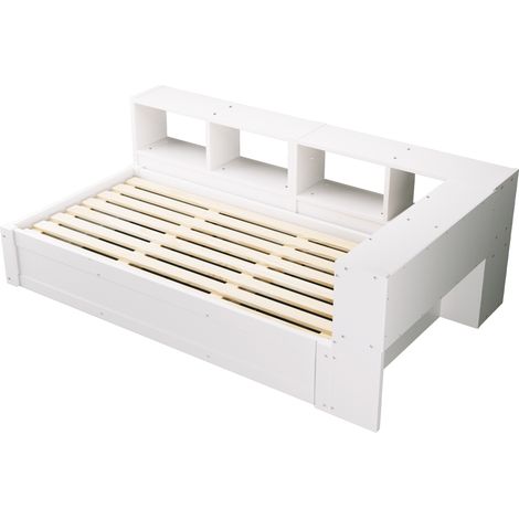 Cama multifunción 90 x 200 cm con enchufe europeo, almacenaje y LED, blanca (1/5)