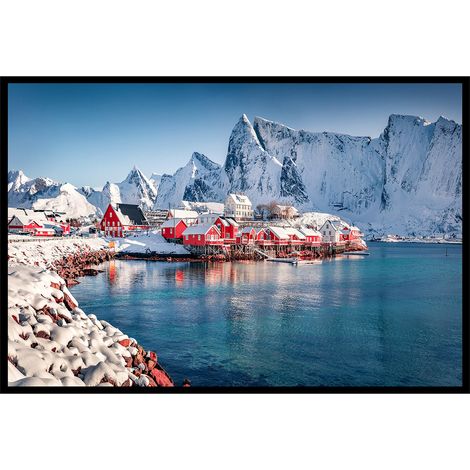 Affiche encadrée paysage montagne hiver village rouge (1/5)