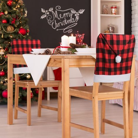 6er-Set schwarz-rot karierte Stuhlhussen mit Büffelmuster für Weihnachten, elastische Schonbezüge für Esszimmerstühle, Partydekoration (1/5)