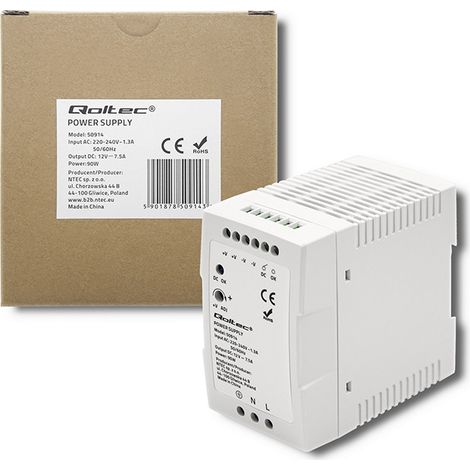 Alimentatore Qoltec per guida DIN 90 W 12 V 7,5 A Bianco Sottile (1/5)