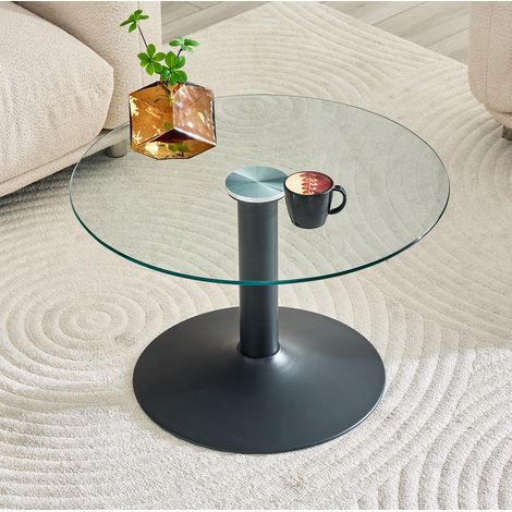 Tavolino rotondo da 70 cm per soggiorno con piano in vetro temperato e struttura in metallo, finitura moderna, adatto all'uso quotidiano - nero (1/5)