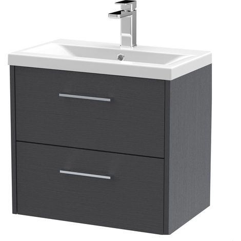 Winshill Contemporary 2 Drawer Wall Hung Vanity Unit with Mid-Edge Basin, Woodgrain Dark Grey, 600mm (1/4)