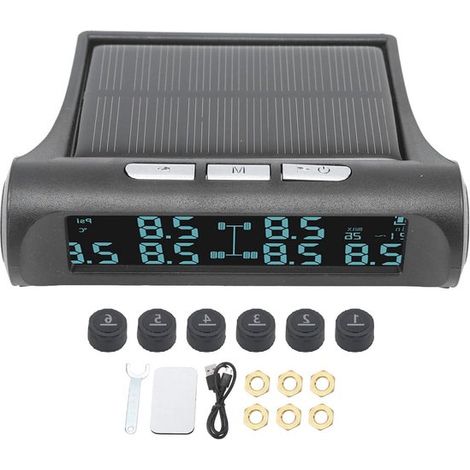 Sistema de monitoreo de presión de neumáticos (TPMS) - Pantalla LCD - Conducción segura - Carga solar - 6 sensores - Negro (1/5)