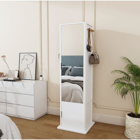 Armadio specchio girevole 50x50x170 cm, 4 in 1 con portagioielli, libreria aperta, ganci, MDF bianco (1/5)