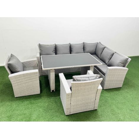 Fimous Outdoor Garden Furniture Sets 8 Seater Wicker Rattan Corner Sofa Sets with Rectangular Dining Table Lounge Sofa 2 Armchair Light Grey (1/5)