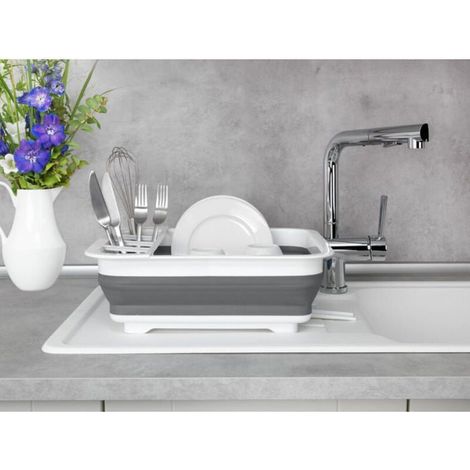 HOXILEELEO - Egouttoir vaisselle pliable,égouttoir à vaisselle plastique, porte-couverts et support assiettes,plastique,36,5x13x31 cm,blanc-gris (1/5)