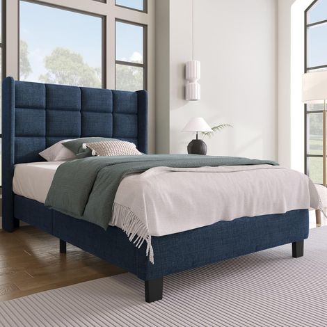 Lit 1 Place 90x200cm avec Tête Capitonné,Lit Adulte avec Sommier à Lattes,Tissu de Lin,pour Enfant Adolescent et Adulte,sans Matelas (Bleu, 90x200)