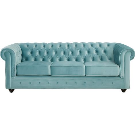 Canapés 3 places et 2 places et fauteuil en velours bleu pastel CHESTERFIELD
