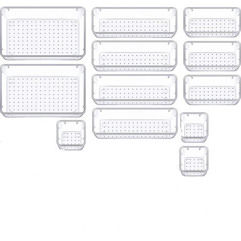 Lot de 12 Organisateurs de Tiroir, Rangement Tiroir en Plastique Transparent, rangement maquillage,Bacs de rangement avec 4 Tailles pour salle de bain, lego,coiffeuse, Cuisine et Bureau