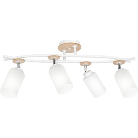 Plafonnier barre blanc bois clair 4 spots verre E27