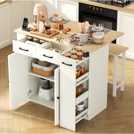 Isola cucina estensibile con prese e vani portaoggetti, 120x45-75x96 cm, bianco, legno, FloraGrace (1/5)