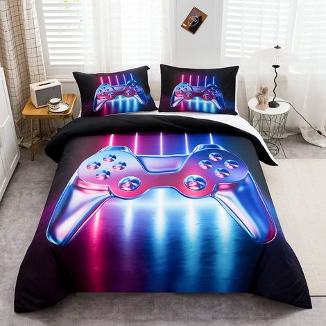 Parure de lit avec housse de couette de 135 x 200 cm, en microfibre, motif de manettes de jeux vidéo/boutons d'action, thème ludique, pour enfant garçon adolescent homme (1/5)
