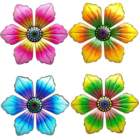 Metallblumen-Wanddeko für den Außenbereich (4er-Set) – 3D-Gartendekoration für Zaun und Balkon – Farbenfrohe Wanddeko – Hängende Metallblumen (1/5)