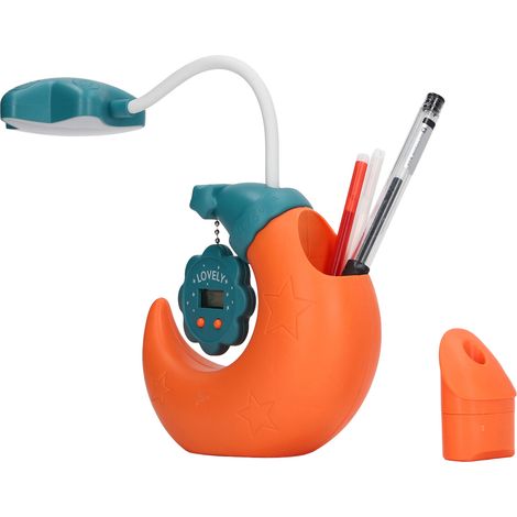 Lampe de bureau avec porte-stylo, fonction de chargement USB, protection des yeux, lampe de bureau LED avec miroir et horloge électronique pour enfants, orange. (1/5)