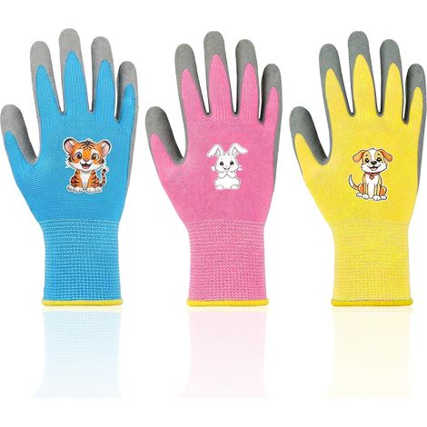 3 Pairs of Children's Gardening Gloves, Non-Slip Work Gloves, Waterproof Rubber Coating, Protection Thorns, Dirt, Girls Boys 5-9 Years (1/5)