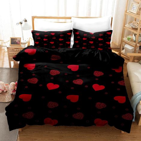 Bettwäsche-Set 220x240cm Mikrofaser mit Herz-Motiv, Rot, 1 Bettbezug & 2 Kissenbezüge