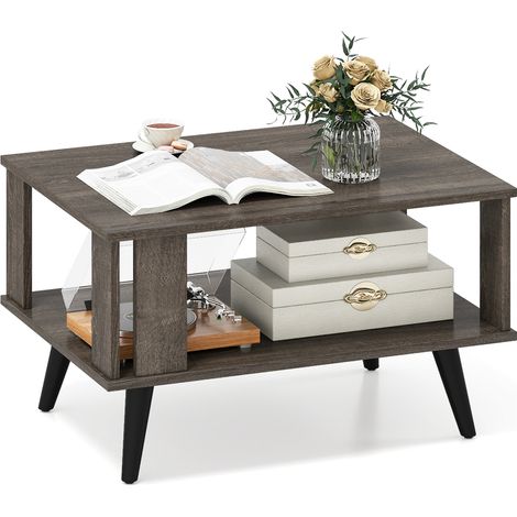 COSTWAY 2-Tier Wooden Center Table Small Coffee Table w/Open Storage Shelf-Grey (1/5)