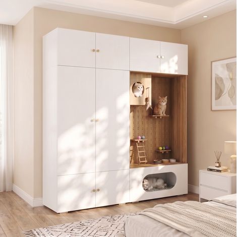 Armoire-penderie 2-en-1 avec espace pour chat, 1 tringle, 6 compartiments et mur d'escalade avec niche, meuble en panneau de particules blanc et bois clair pour chambre - CHICFURN (1/5)