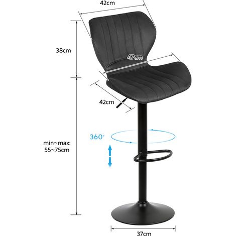 Aqrau Lot de 2 Tabourets de Bar, Hauteur Réglable Chaise de Bar Cuisine Pivotant sur 360°,Dossier et Repose-pieds - Gris foncé (1/5)
