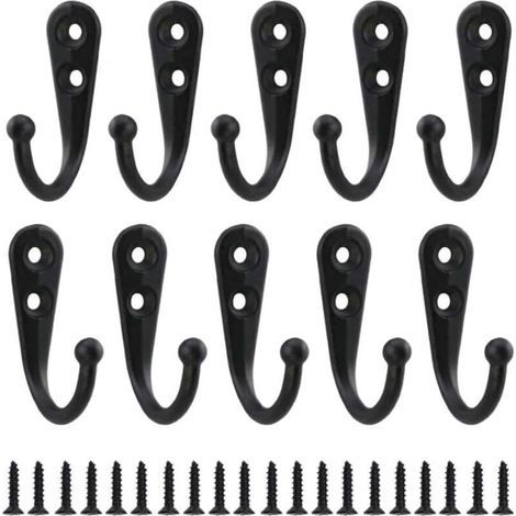 Lot de 10 crochets simples noirs, crochets muraux, patères noires, avec vis de fixation (1/4)