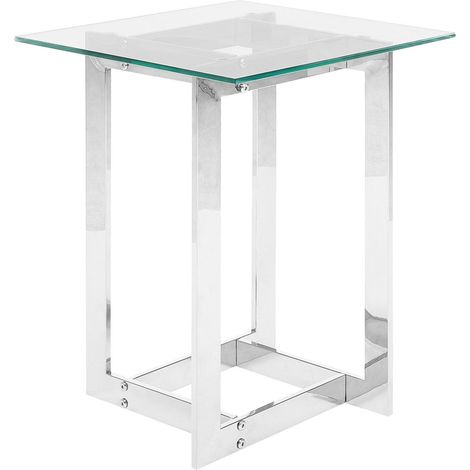 Mesa de centro tablero cuadrado de vidrio transparente con base de metal plateado estilo moderno Crystal (1/5)