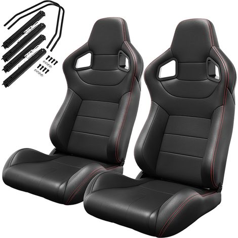 Lot de 2 sièges baquets universels en PVC noir avec couture rouge, dossier aspect carbone, inclinables avec coulisse avant/arrière (1/5)