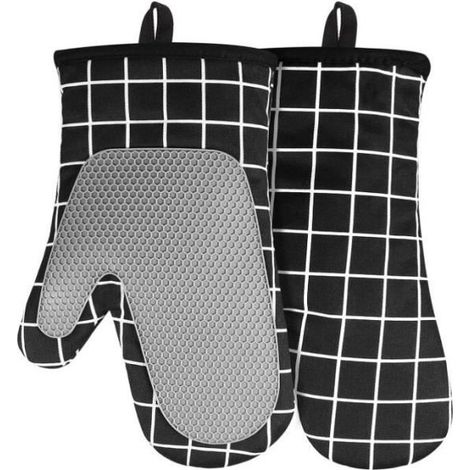 Gants de four - Antidérapants - Résistants à la chaleur - Silicone - Coton - Noir (1/4)
