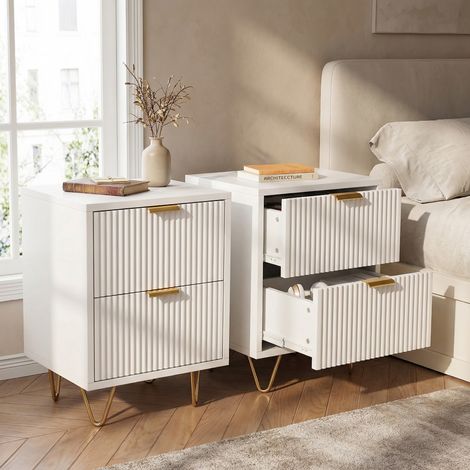 Lot de 2 tables de chevet 40, 2 tiroirs, meuble de rangement avec façade ondulée, pieds métal, table de nuit pour chambre et salon, style moderne/scandinave(40x40x55cm, Blanc) (1/5)